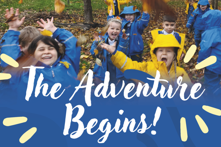 Children playing in autumnal leaves with the text 'The Adventure Begins' across.